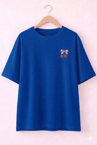 Minimal Kiraz Desenli Baskılı T-shirt Mavi