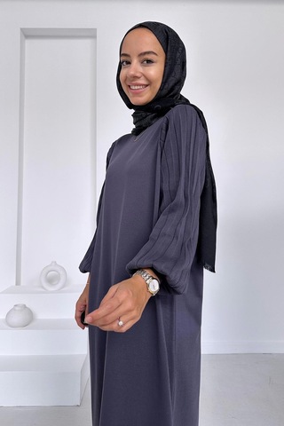 Kahijab Balon Kol Merserize Elbise - Füme
