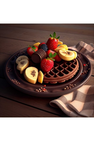 Çilek Muz Ve Çikolatalı Waffle Görünümlü Pastahane Kafe Kafeterya Ve Mutfağa Asmalık Hd Baskı Kanvas Tablo
