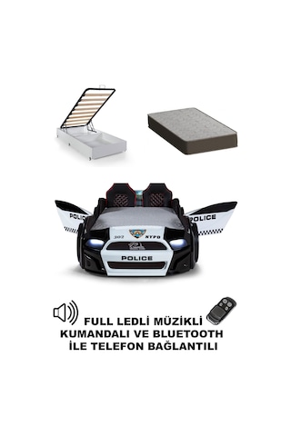 Bazalı Polis Arabalı Yatak Kapıları Açılan Mustang Full Ledli Kumandalı Ve Müzikli + Ortopedik Yatak 90x190 Cm