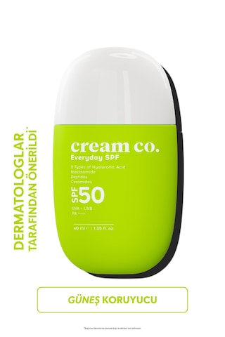 Cream Co. Niasinamid Hyalüronik Asit Peptit Seramid İçerikli Leke Karşıtı Aydınlatıcı ve Nemlendirici Güneş Kremi SPF50 40 ML