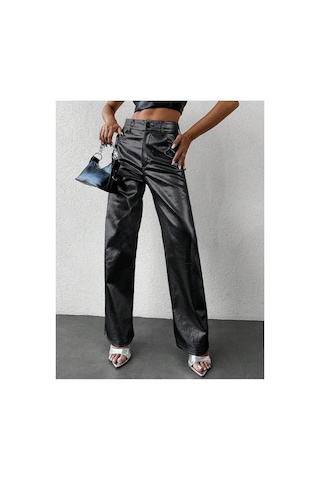 Kene Jeans Kadın Siyah Bol Paça Deri Pantolon Siyah