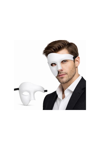 Beyaz Yarım Erkek Maske - Phantom Parti Balo Maskesi 13+