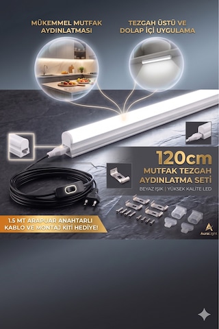 18w T5 Bant Armatür Led Mutfak Tezgah Altı Aydınlatma Seti ,120cm Led Tak Çalıştır, 1.5 Metre Ara Puarlı Kablolu Fişli, Beyaz Beyaz