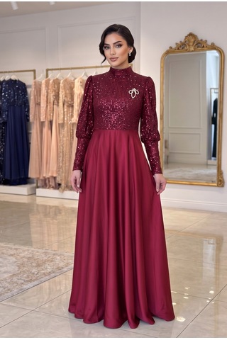Dorne Moda Üstü Pul Paletli Altı Saten Kloş Detaylı Mezuniyet Ve Nişan Abiye Elbise Bordo Bordo