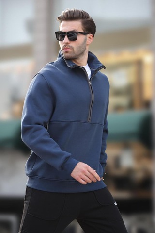 Madmext Lacivert Dik Yaka Yarım Fermuarlı Sweatshirt 7079 Lacivert