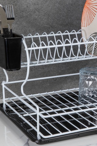 Paslanmaz 2 Katlı Metal Tabaklık Bulaşıklık Bulaşık Sepeti Termo Plastik Kaplama Beyaz Beyaz