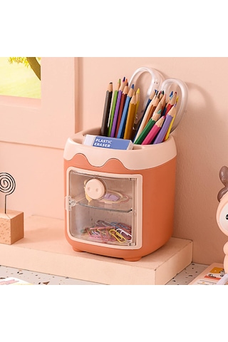 Sevimli Masaüstü Kalemlik Kawaii Kapaklı Mini Dolaplı Kalemlik - Turuncu Turuncu