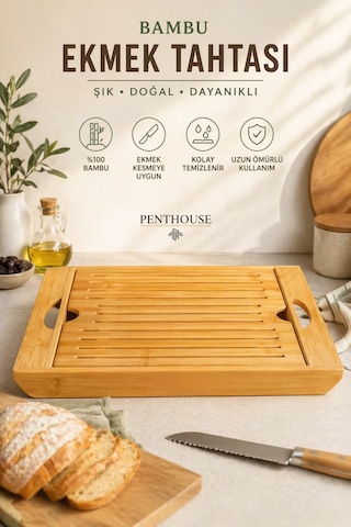 Bambu Ekmek Kesme Tahtası Kırıntı Toplayıcılı Tepsili Doğal Ahşap Kesim Ve Sunum Seti 34x22 Cm Açık Bej