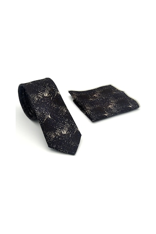 Gaffy Bej Desenli Kahverengi Dokuma Kumaş Mendilli Slim Fit Kravat // Sdk-2613-6 Bej