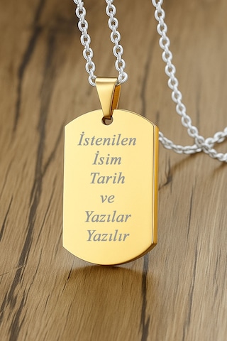Kişiye Özel İsim Tarih Yazı Yazılı Asker Künyesi Çelik Erkek Bayan Kolye Eck60 Sarı