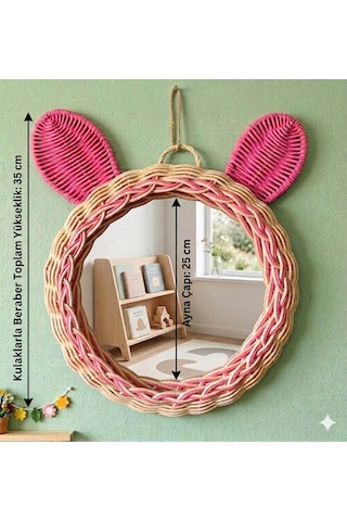 El Örgüsü Çocuk Odası Aynası- Rattan Pembe Kulaklı Dekoratif Ayna