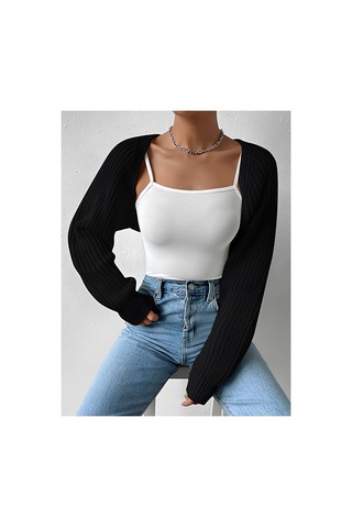 Moibody Triko Örgü Reglan Kol Bolero Hırka Kore Tarzı 4 Mevsim Siyah Siyah