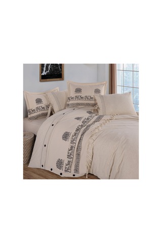 Hitit Desen 200x220 Pamuk-keten Çift Kişilik Nevresim Takımı Krem - 747748095 Krem