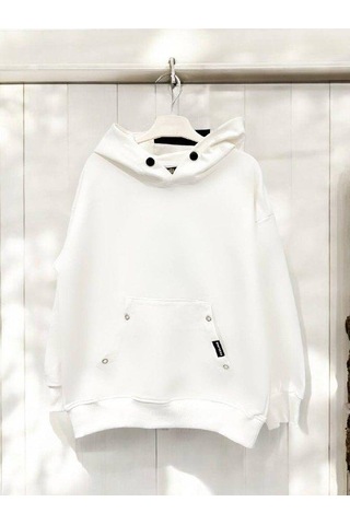 Zekids Çocuk Çıtçıt Detaylı Kapüşonlu Pamuklu Sweatshirt-14837 Ekru