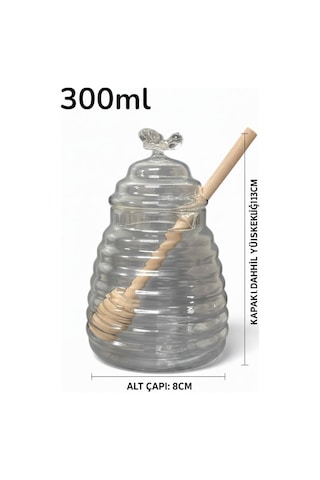 Borosilikat Cam Bal Kavanozu, Ahşap Kaşık 300ml Şeffaf