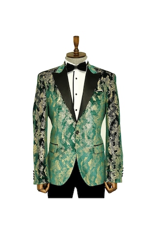 Wessi Dik Yaka Slim Fit Altın Desenli Yeşil Balo Ceket - Wessi Yeşil