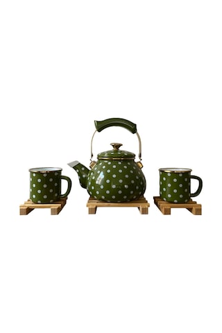 Morponi Retro Emaye Çaydanlık Ve Kupa Takımı 6 Parça Puantiyeli Set Yeşil Yeşil