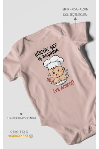 Küçük Şef İş Başında Ve Acıktı Baskılı Bebek Zıbını Çıtçıtlı Body 8 Renk %100 Pamuk Kısa Kol Pastel Pembe