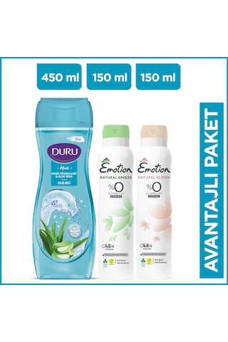 Emotion Natural Bloom + Breeze Kadın Sprey Deodorant 2 x 150 ML + Duru Moods Deniz Mineralleri Duş Jeli 450 ML