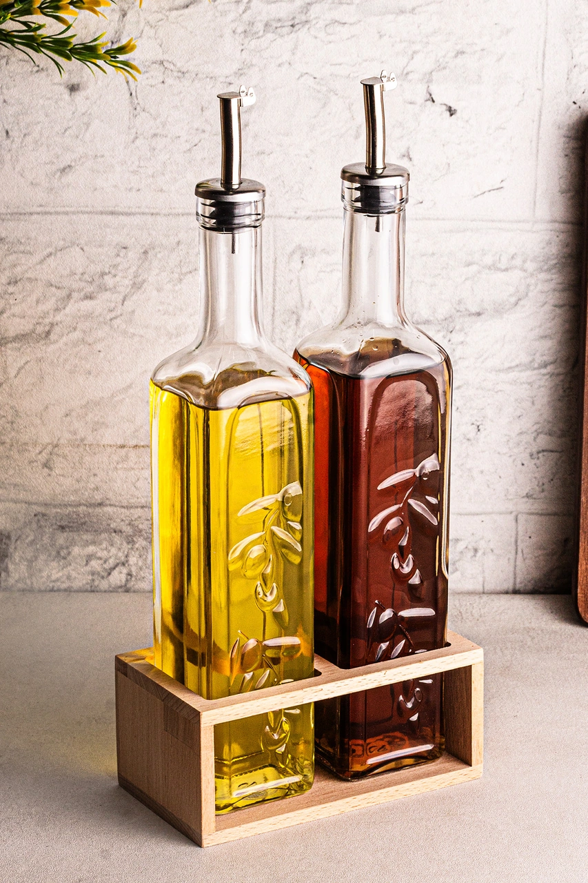 Snippy Olea - 2'li Ahşap Yüksek Standlı Cam Zeytinyağı Şişesi Yağdanlık Damlatmaz Yağlık Sirkelik 500ml Ahşap