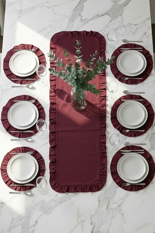 Yunusoğlu Home Fırfırlı Runner Ve Supla Takımı - Masa Örtüsü Takımı 7 Parça 150x50 Cm Bordo
