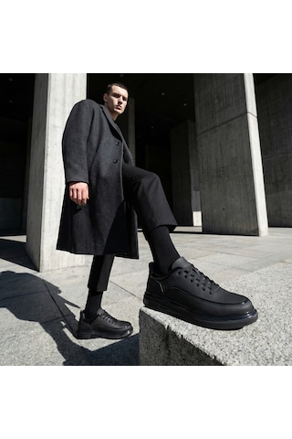 Daytex 2220 Togga - İçi Dışı Hakiki Dana Derisi İnce Rugan Şeritli İthal Air Tabanlı Ortopedik Siyah Erkek Casual Sneaker