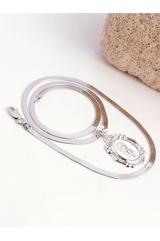 Gümüş Marıa Madalyon Tasarım Kolye Yılan Zincir Kadın Kolye