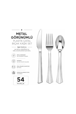 Metal Görünümlü Plastik Çatal Bıçak Kaşık Set 54 Parça Gümüş