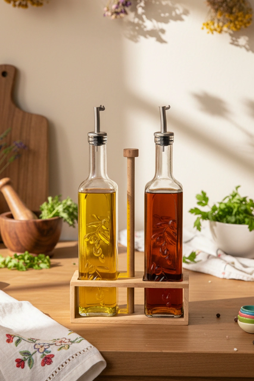Snippy Verra - 2'li Ahşap Tutmalı Standlı Cam Yağdanlık Damlatmaz Yağlık Sirkelik Zeytinyağı Şişesi Soft 500ml Ahşap