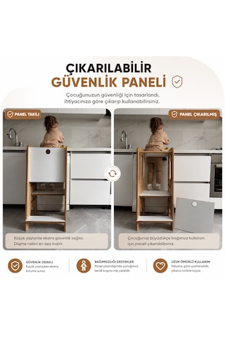 Güvenlik Panelli Öğrenme Kulesi Bebek Ve Çocuk Öğrenme Kulesi Beyaz-safir Meşe