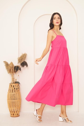 Fuşya İnce Askılı Katlı Elbise Dm1034 Fuşya