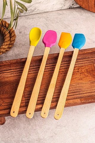 4'lü Yanmaz Yapışmaz Renkli Silikon Başlıklı Ahşap Spatula Seti Çok Renkli
