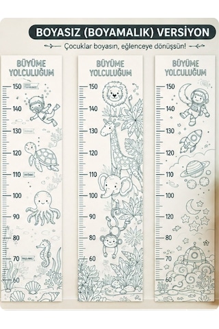 Boyanabilir 3 Lü Çocuk Boy Ölçer Seti Büyüme Yolculuğum Safari, Okyanus, Uzay 60-150 Cm Gerçek Ölçü