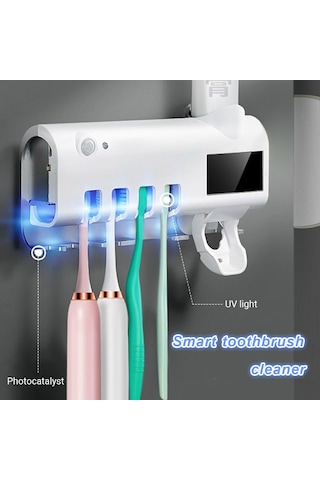 Geeksen Diş Fırçası Askısı Usb Şarjlı Güneş Enerjili Uv Işıklı Duvar Macun Sıkacağı Beyaz