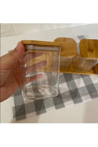 3 Lü Bambu Standlı Kare Kavanoz Seti Baharatlık Seti Baharatlık Bambu