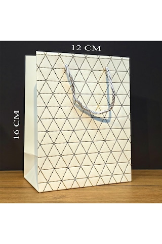 Geometrik Desenli Mini Boy Kartonn Hediye Çantasıı Zv Beyaz