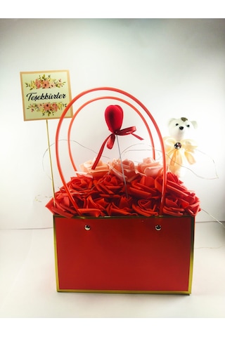 Işıklı Gül Aranjmanı Teşekkürler Yazılı Çanta Tasarım Ayıcıklı Hediye Led Işıklı Dekoratif Çiçek Aranjmanı Kırmızı - pembe
