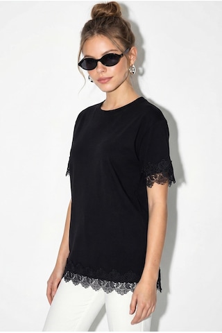 Shade Kadın Bisiklet Yaka Dantel Detaylı Oversize T-shirt 2134 60286120 - Siyah