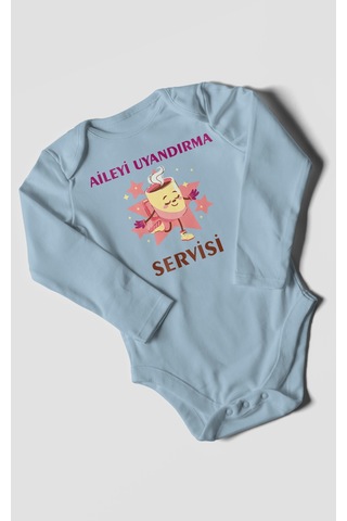 Aileyi Uyandırma Servisi Baskılı Bebek Zıbını Çıtçıtlı Body %100 Pamuk Uzun Kol Bebe Mavisi