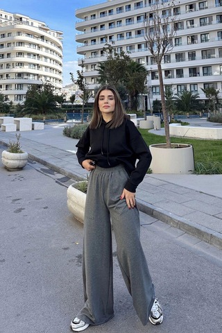 Kadın Antrasit Beli Lastikli, Cepli, Bol Paça, Salaş Pantolon Antrasit