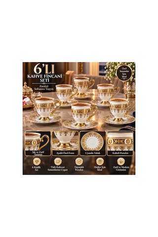 6 Lı Ayaklı Porselen Kahve Fincanı Takımı Siyah Gold Desenli 6 Kişilik Şık Sunum Seti Altın