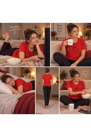 Manolya Kadın Kırmızı Baskılı Kısa Kollu Pijama Takımı Desenli Uzun Pantolonlu Rahat Ev Giyim Seti
