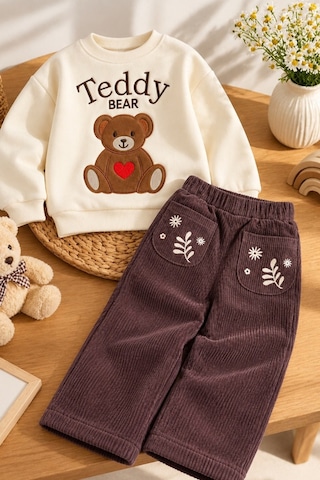Fesshera Erkek Çocuk Takım Uzun Kollu Sweatshirt Ve Fitilli Kadife Pantolon Set Acı Kahverengi