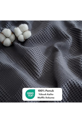 Waffle Desenli Pike Yatak Örtüsü Koyu Gri, Tek Kişilik Pike 160x230 Cm, 100% Pamuk, Hafif 4 Mevsim Kullanım Açık Indigo