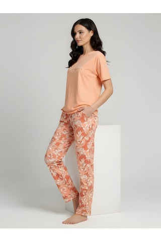 Kadın Kısa Kollu Desenli Pijama Takım Turuncu