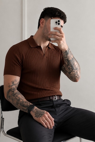 Tarz Cool Premium Fitilli Triko Polo Yaka Erkek Old Money T-shirt Kahverengi