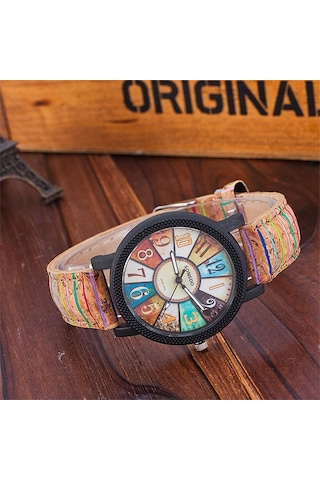 Vintage Çizgili Deri Saat Çiçek Desenli Ahşap Desenli Kadın Kuvars Saat Toptan Satış Diğer