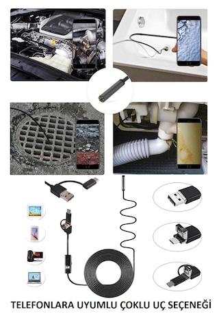 15metre 3-in-1 Endoskop Kamera, Usb Ve Android, Type-c Bağlantılı, 6 Led Işıklı, Kıvırlabilen Sert Kablo,su Geçirmez,yılan Kamera, Borescope