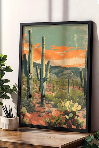 Saguaro Kaktüsü Ve Çöl Bitkileri Çerçeveli Tablo - Pop Art Poster Tablo